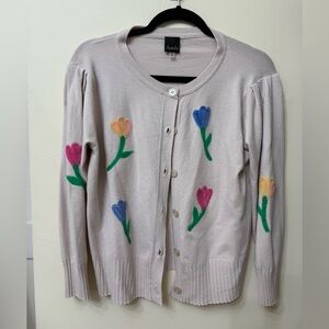 Size M Cream Cardigan w Colorful Embroidered Tulips / Spring / Feminine / Floral